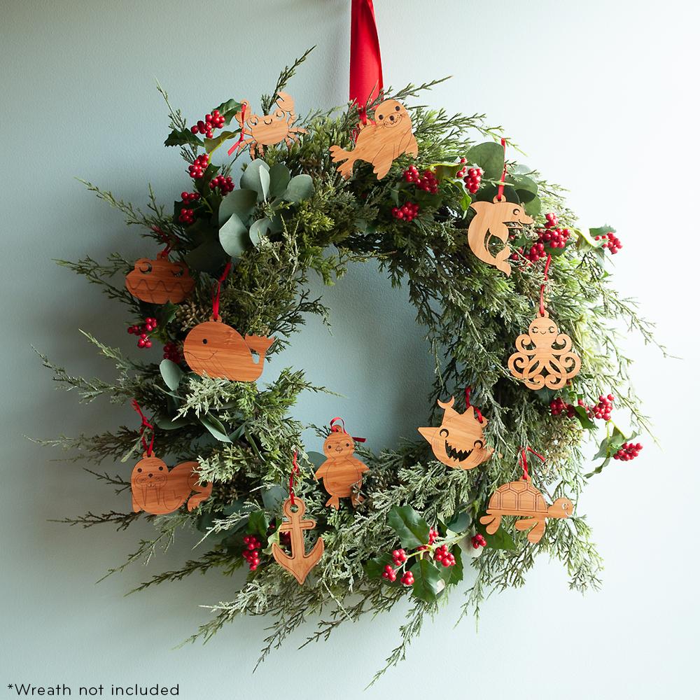 Kids Christmas Ornaments - Animals (Bamboo) Set of 2 - No Personalization - Ocean Collection - Graphic Spaces