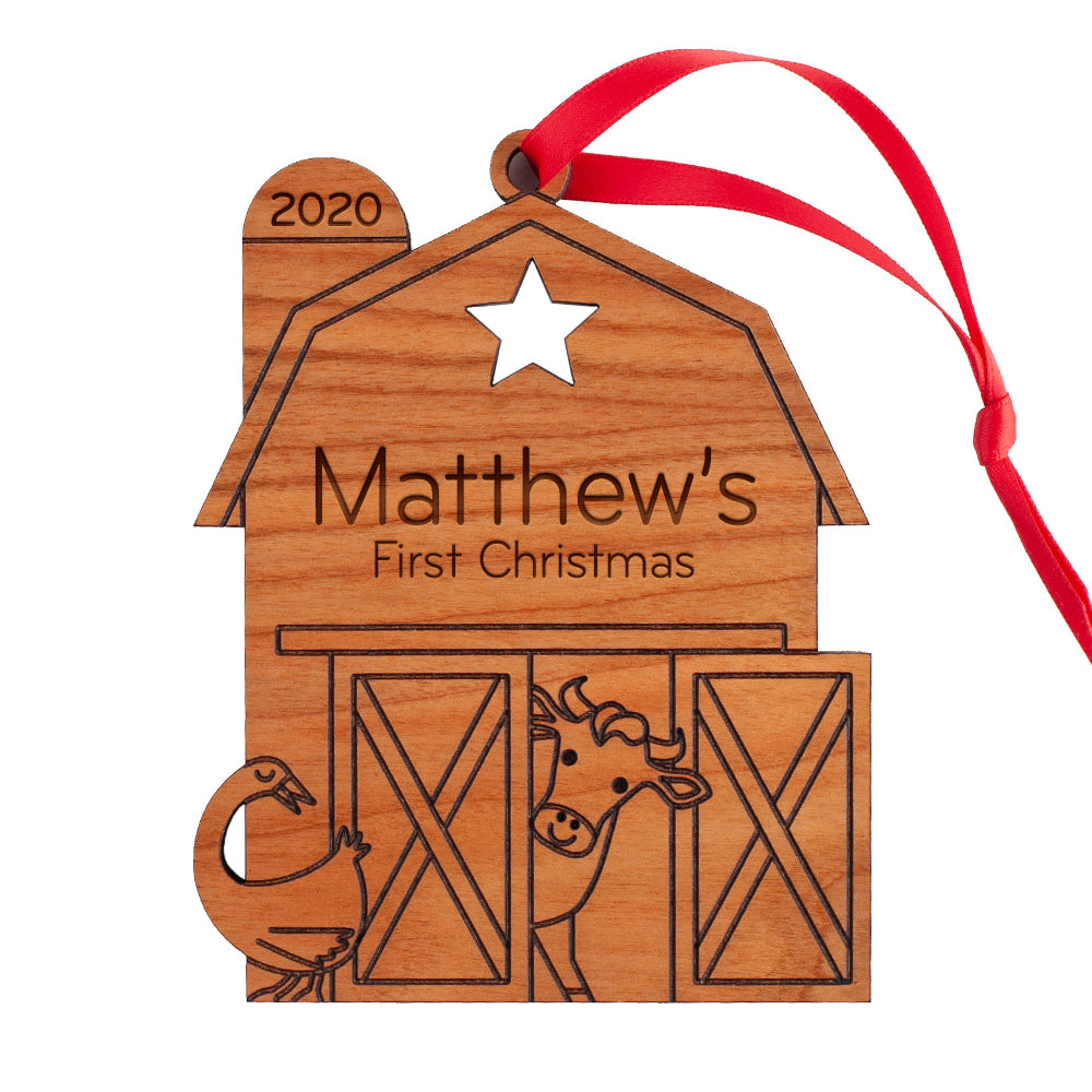 Christmas Ornament - Wood Barn (personalized)