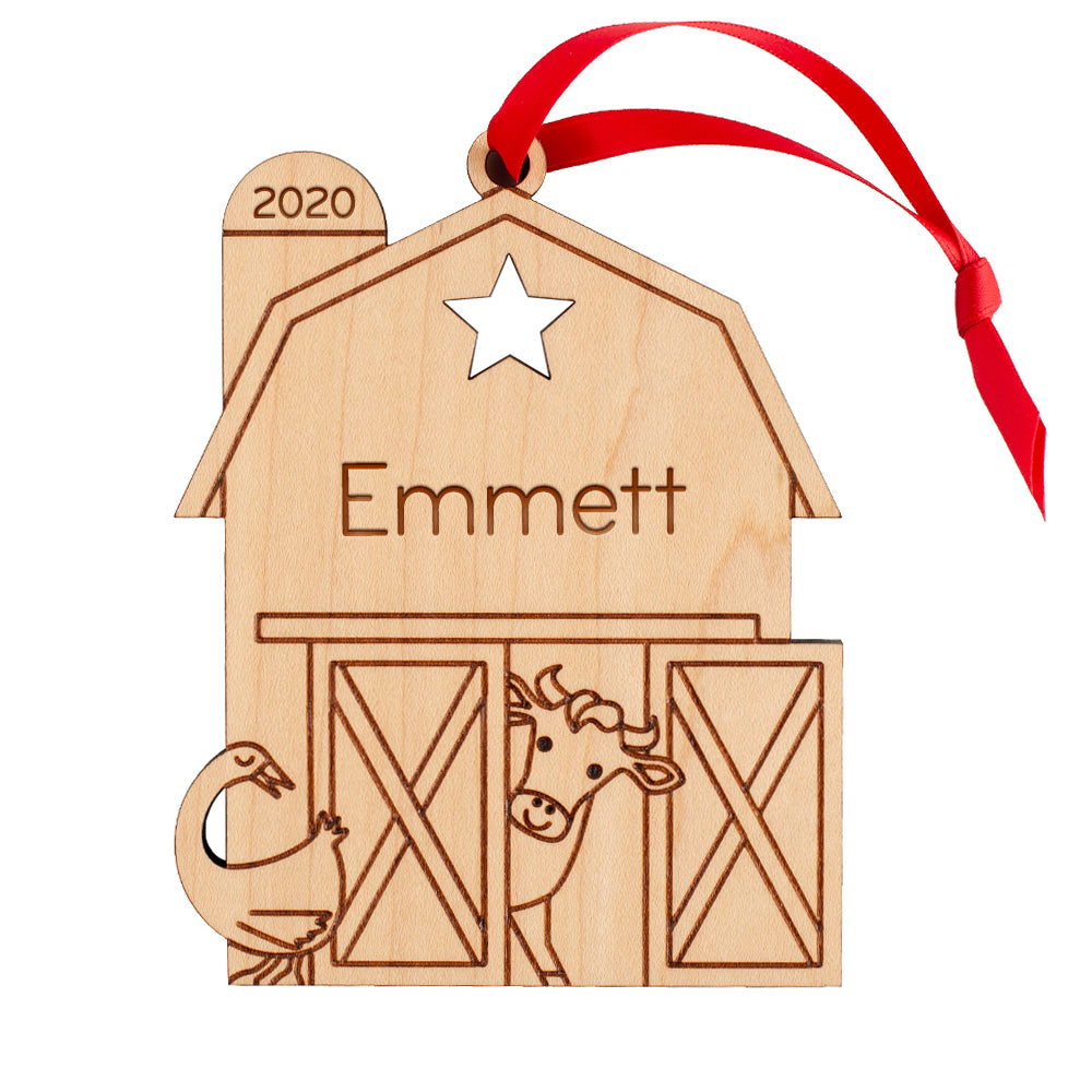 Christmas Ornament - Wood Barn (personalized)