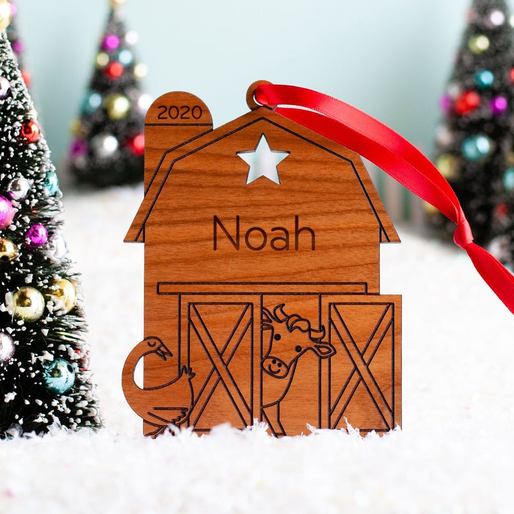 Baby's First Christmas Ornament - Barn (Personalized, Wood) Maple - Graphic Spaces