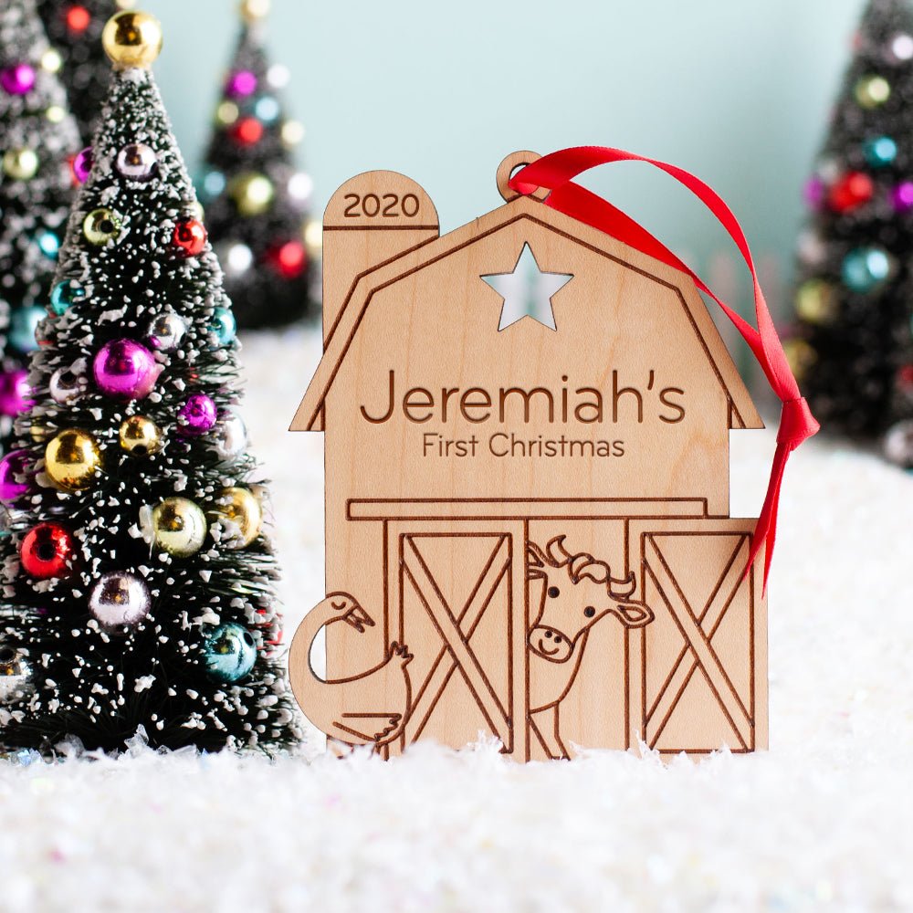 Baby's First Christmas Ornament - Barn (Personalized, Wood) Maple - Graphic Spaces