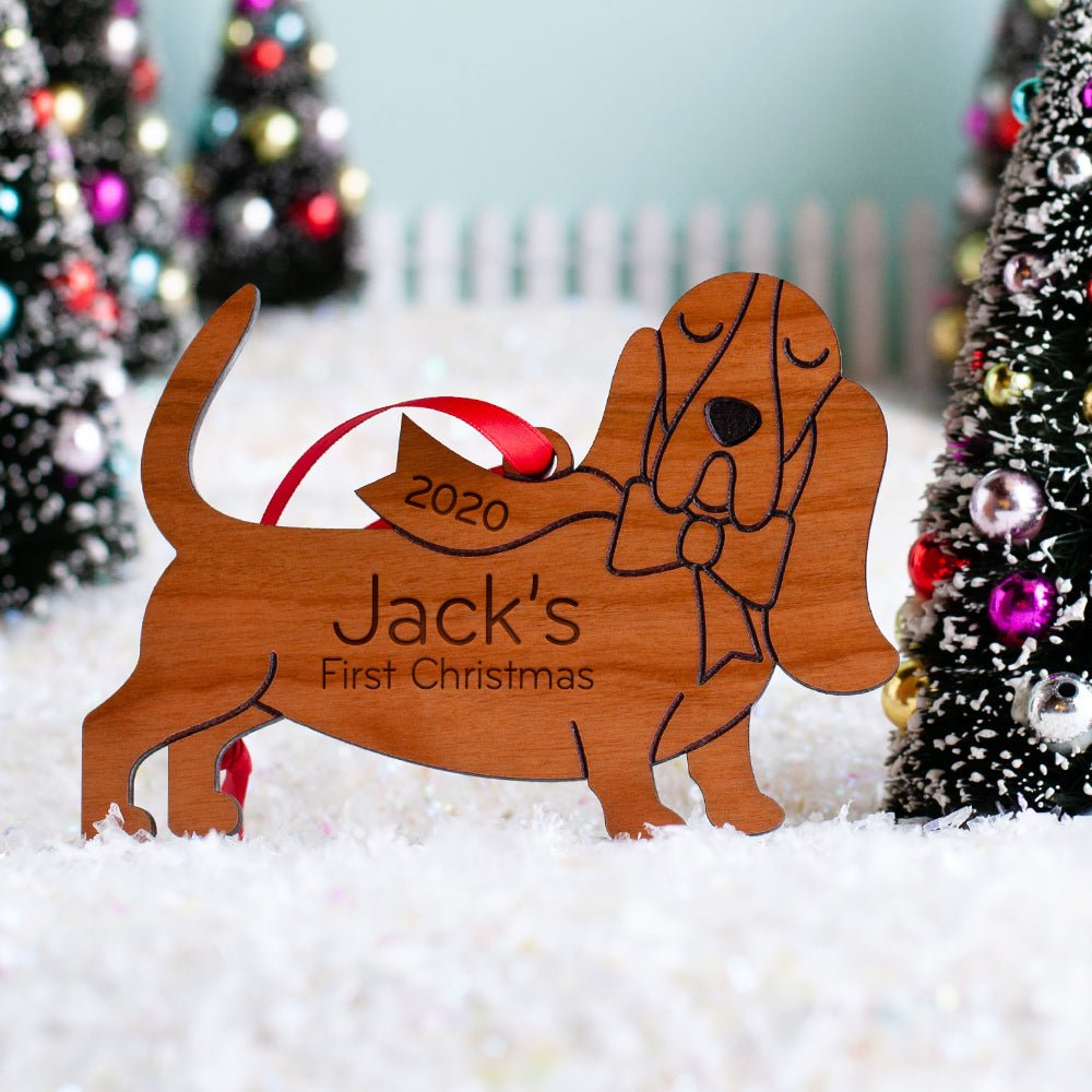 Puppy's First Christmas Ornament - Basset Hound (Personalized, Wood) Dark Cherry - Graphic Spaces