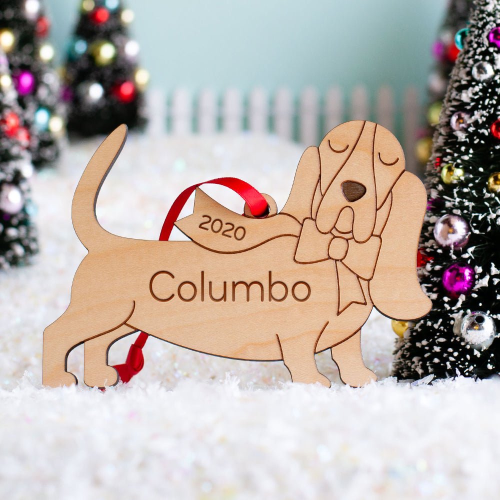 Puppy's First Christmas Ornament - Basset Hound (Personalized, Wood) Dark Cherry - Graphic Spaces