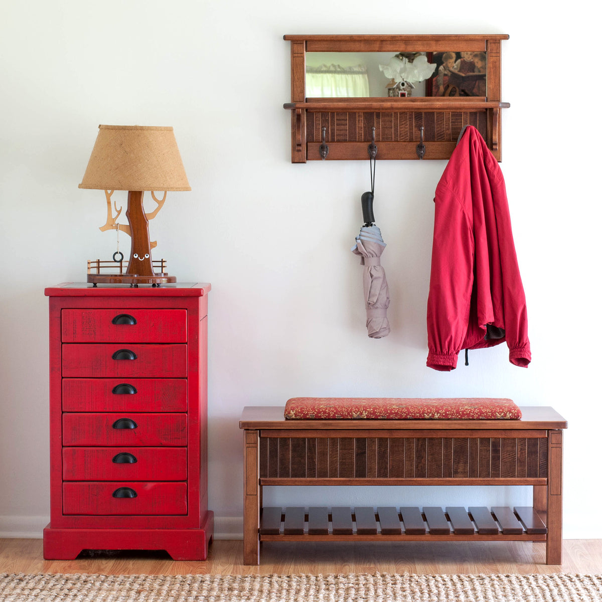 Wall Mirror Shelf &amp; Coat Rack: FINISHED STAINED