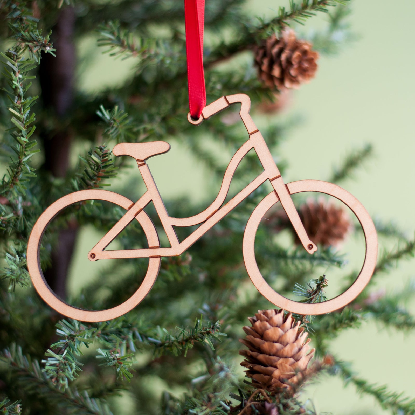 Christmas Ornament - Girl Bike (Modern, Wood) Light Maple - No Personalization - Graphic Spaces
