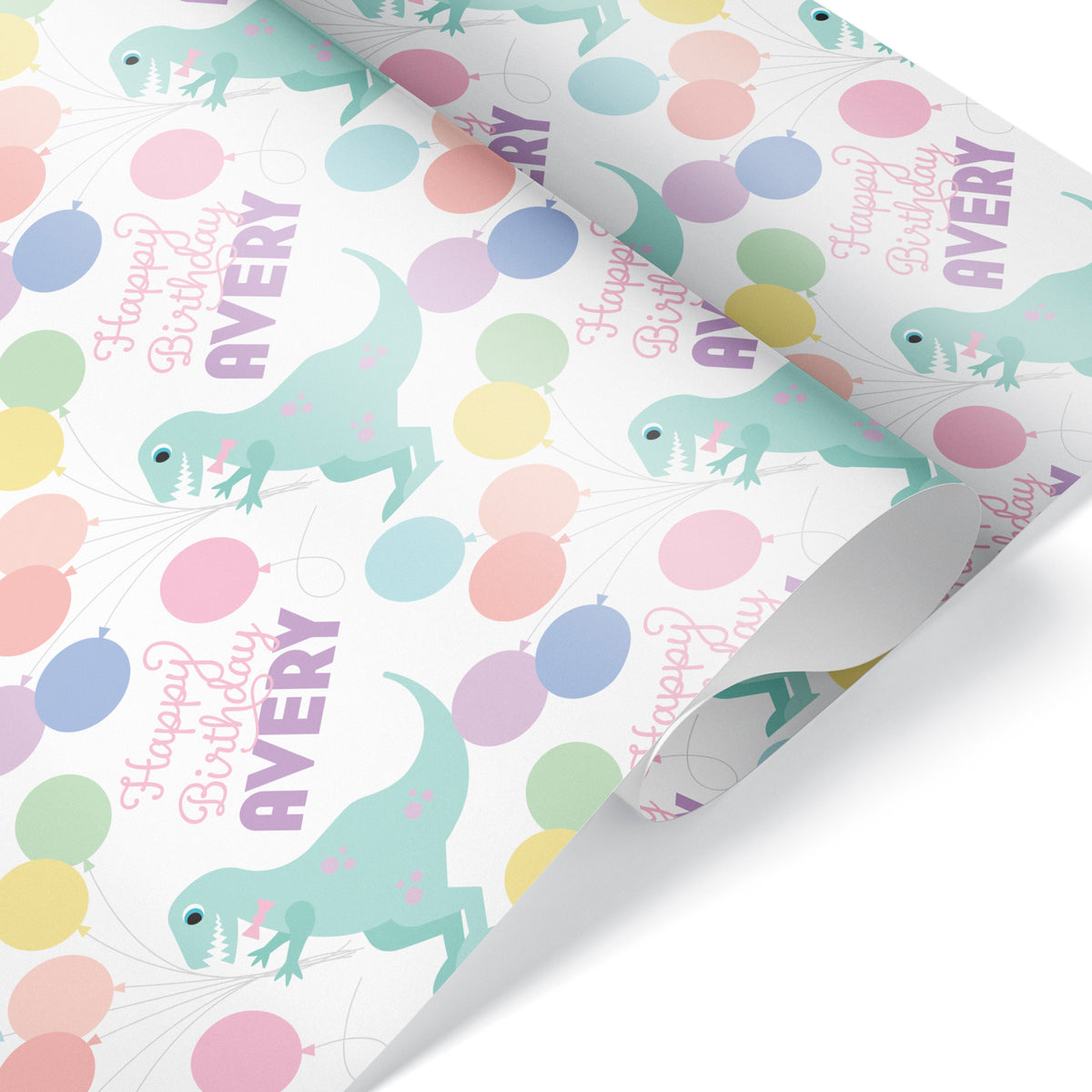 Dinosaur Birthday Personalized Name Wrapping Paper - PASTEL