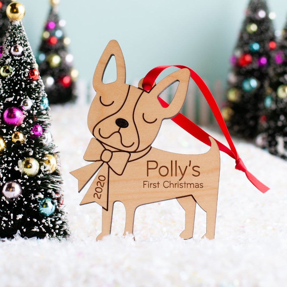 Puppy's First Christmas Ornament - Boston Terrier (Personalized, Wood) Light Maple - Graphic Spaces