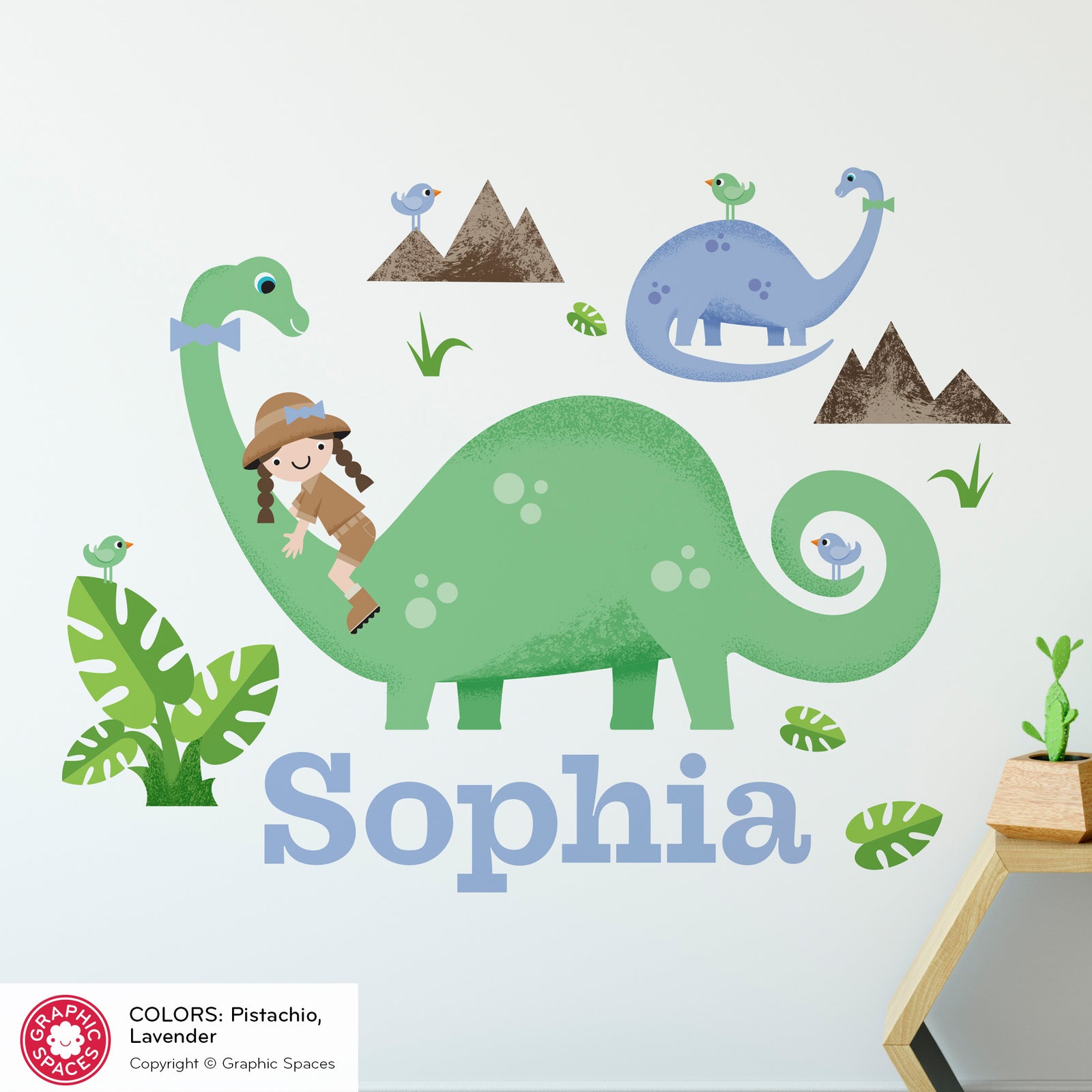 Kids Wall Decal - Brontosaurus Dinosaur (Personalized, Girl) - Graphic Spaces