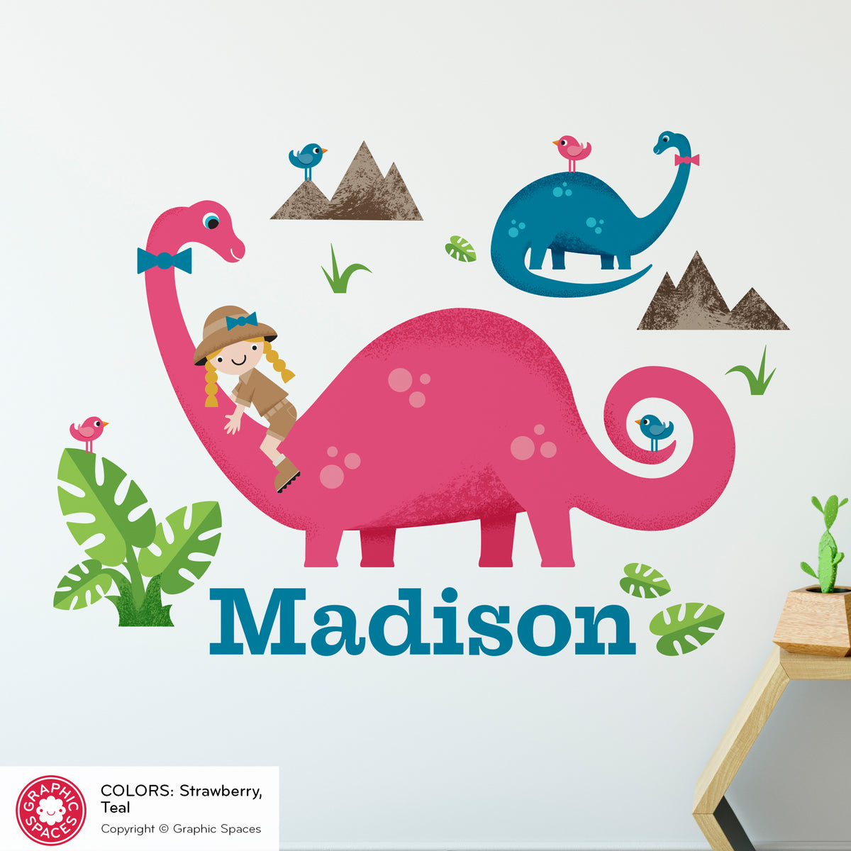 Brontosaurus Dinosaur Peel-and-Stick Wall Decal - Girl Rider