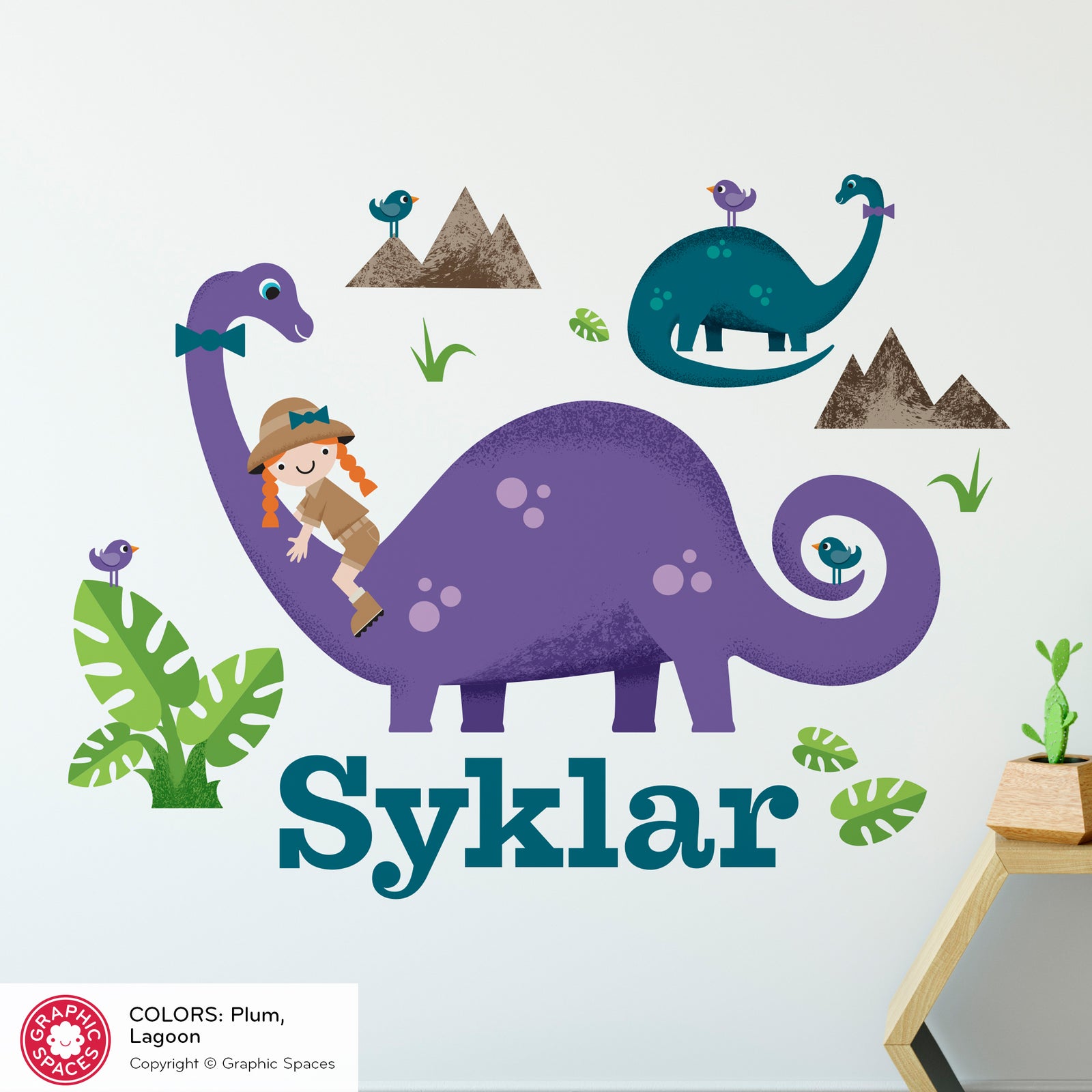 Kids Wall Decal - Brontosaurus Dinosaur (Personalized, Girl) - Graphic Spaces