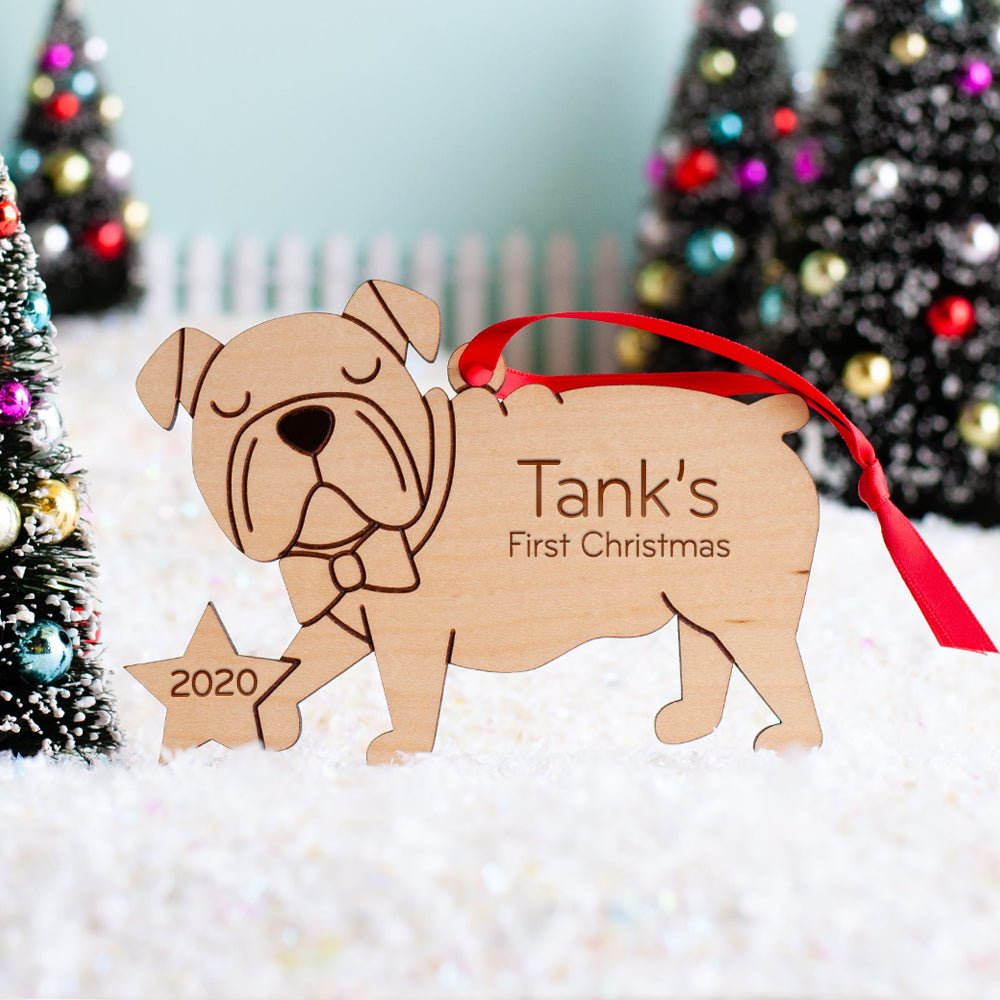 Puppy's First Christmas Ornament - English Bulldog (Personalized, Wood) Light Maple - Graphic Spaces