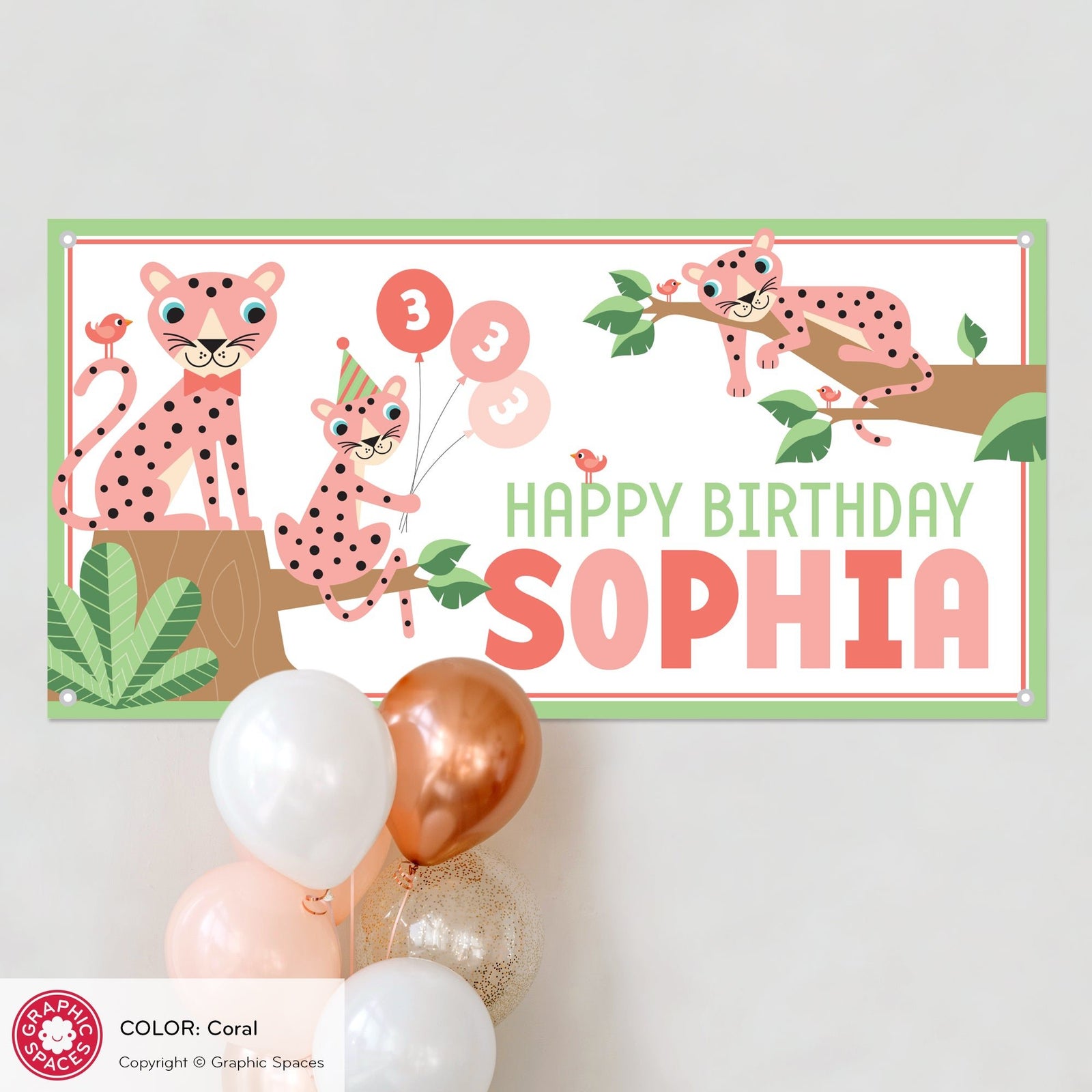 Kids Banner - Cheetah Birthday Party (Personalized, Coral) - Graphic Spaces
