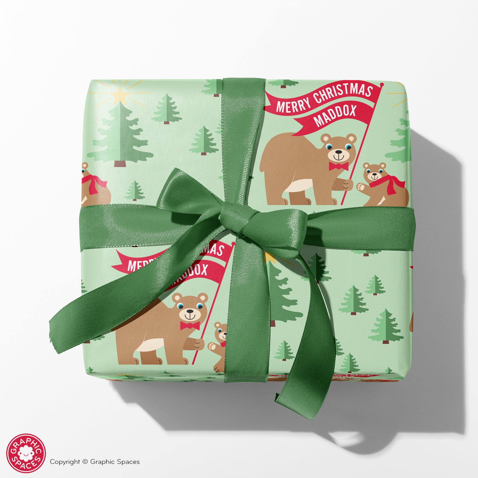 Kids Wrapping Paper - Woodland Bear Christmas (Personalized, Green) - Graphic Spaces