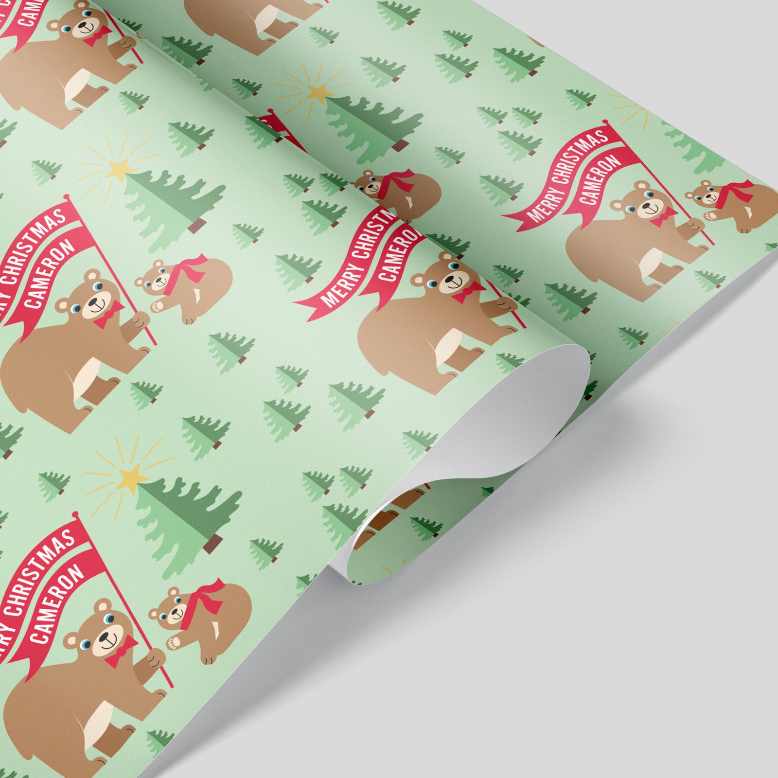 Kids Wrapping Paper - Woodland Bear Christmas (Personalized, Green) - Graphic Spaces