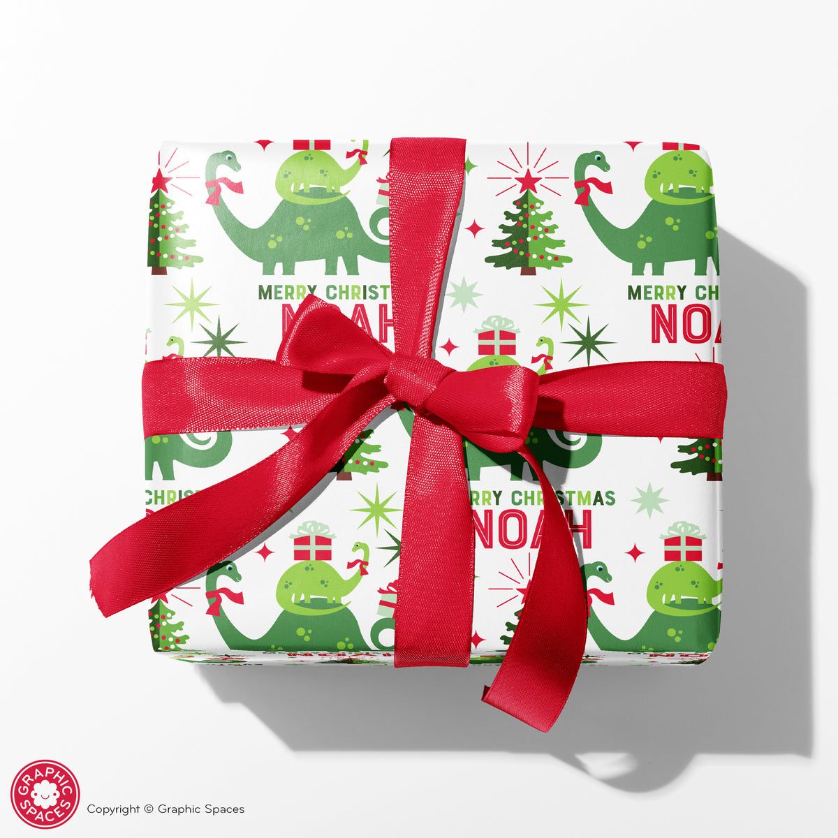 Brontosaurus Dinosaur Christmas Personalized Wrapping Paper - WHITE