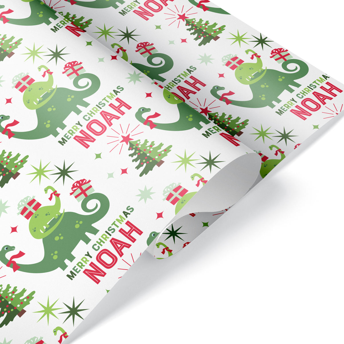 Brontosaurus Dinosaur Christmas Personalized Wrapping Paper - WHITE