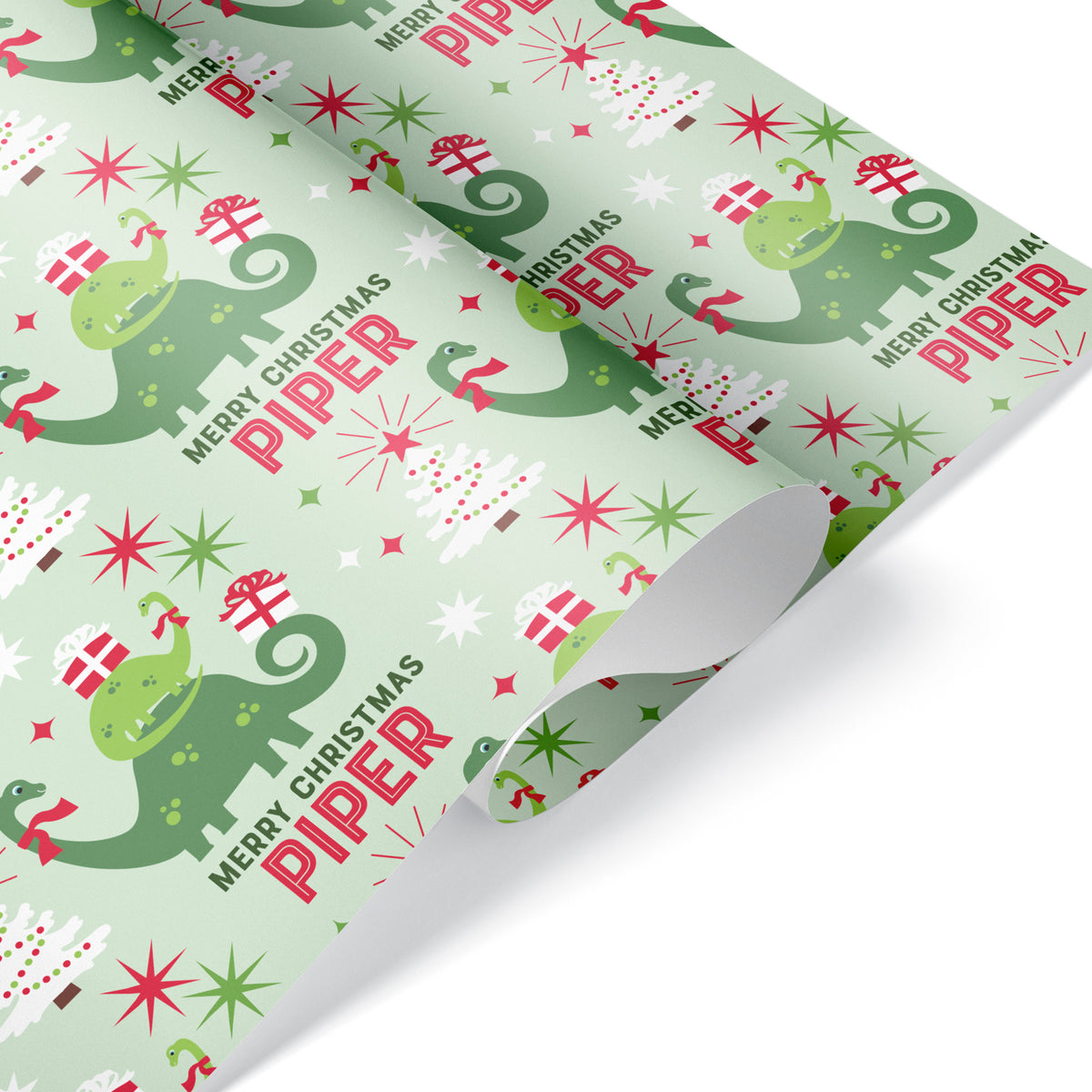 Brontosaurus Dinosaur Christmas Personalized Wrapping Paper - GREEN