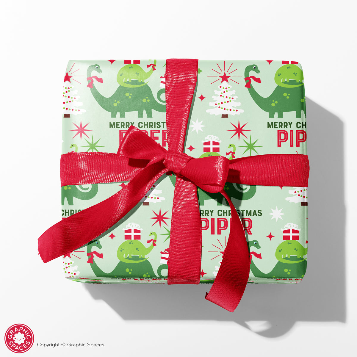 Brontosaurus Dinosaur Christmas Personalized Wrapping Paper - GREEN