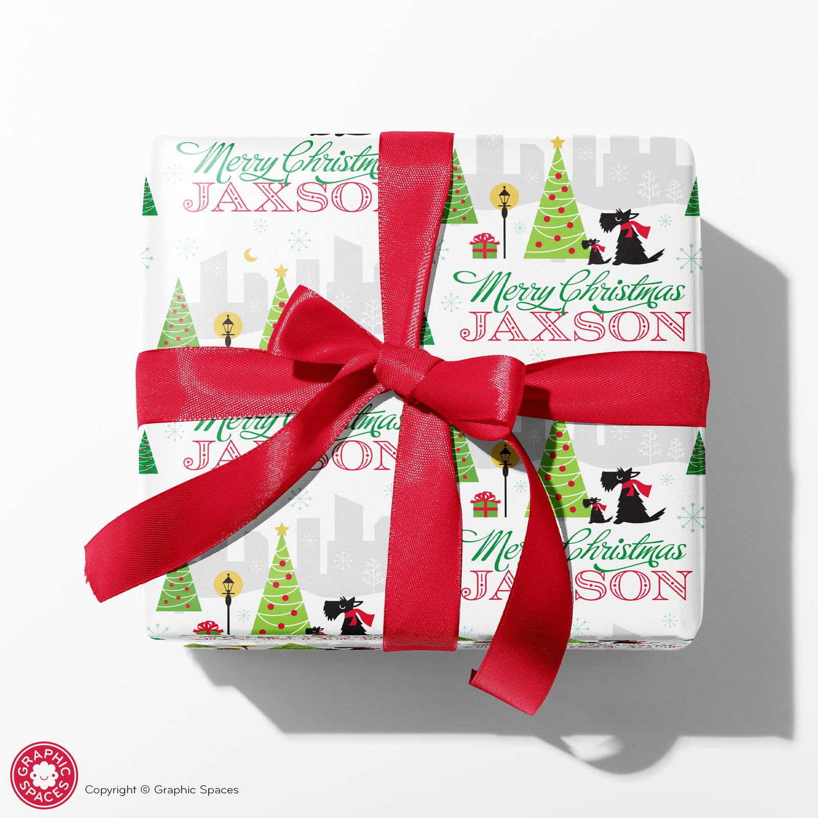 Dog Wrapping Paper - Scotties in the City Christmas (Personalized, Green) - Graphic Spaces