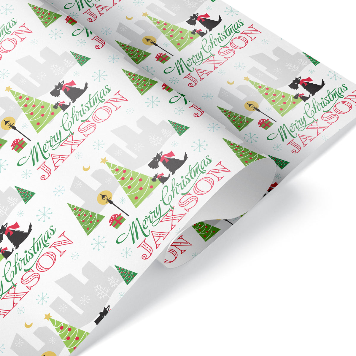 Scotties in the City Christmas Personalized Wrapping Paper - GREEN