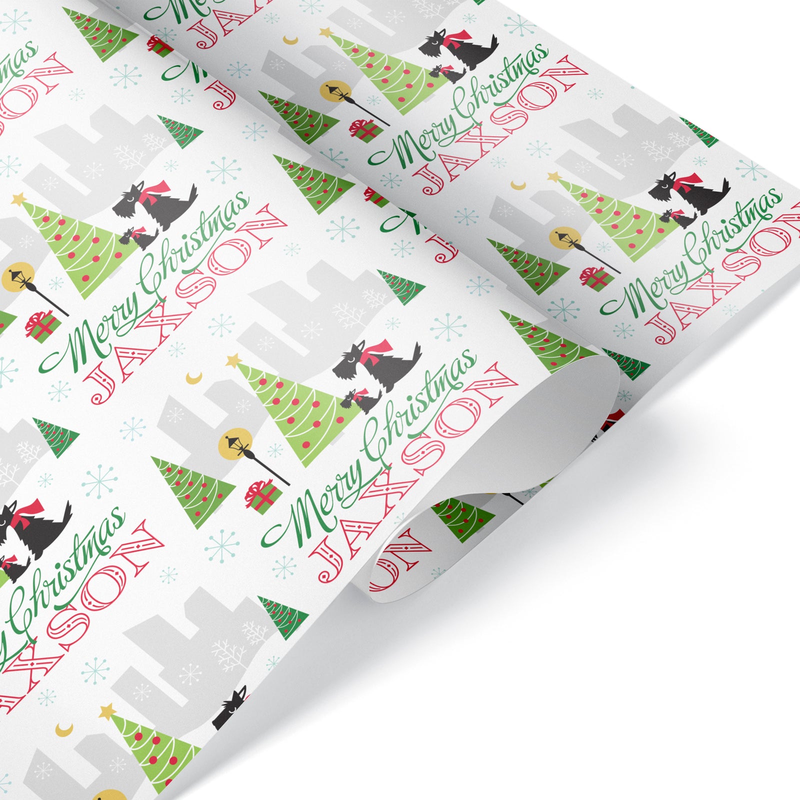 Dog Wrapping Paper - Scotties in the City Christmas (Personalized, Green) - Graphic Spaces