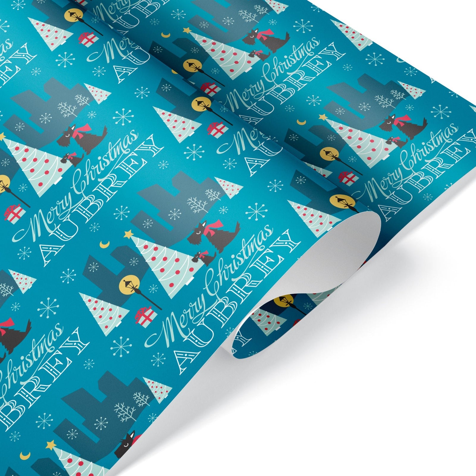 Dog Wrapping Paper - Scotties in the City Christmas (Personalized, Blue) - Graphic Spaces