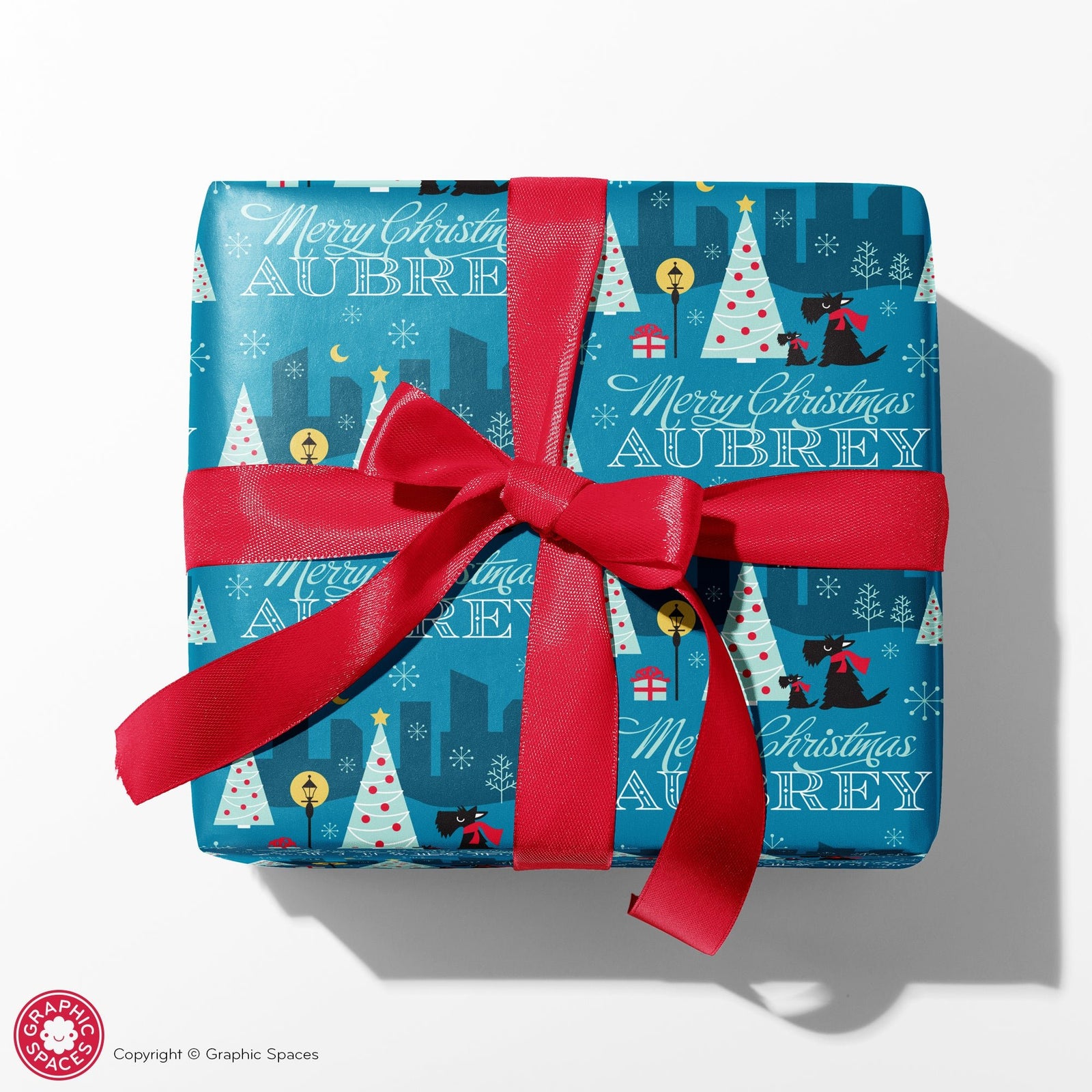 Dog Wrapping Paper - Scotties in the City Christmas (Personalized, Blue) - Graphic Spaces