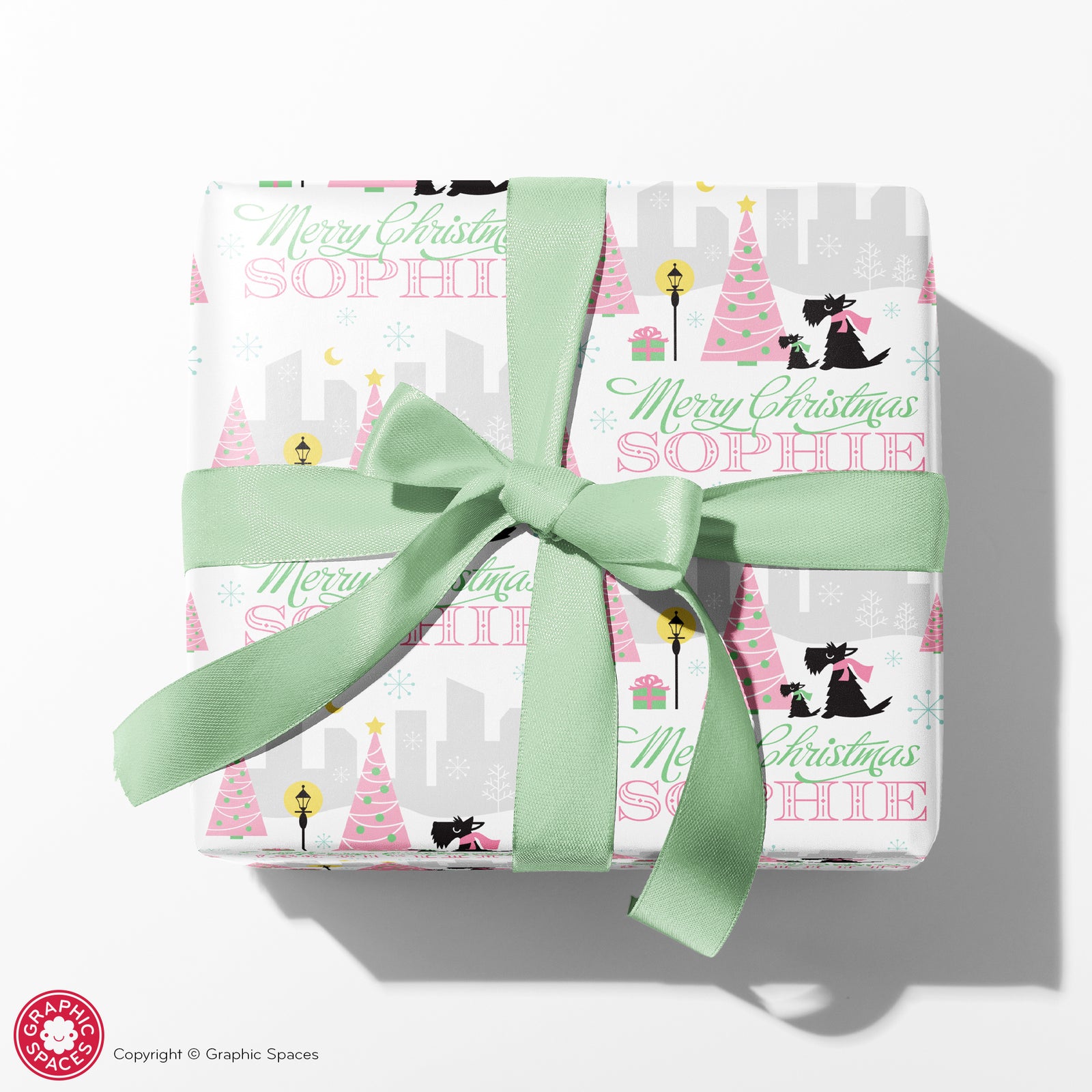 Dog Wrapping Paper - Scotties in the City Christmas (Personalized, Pink) - Graphic Spaces