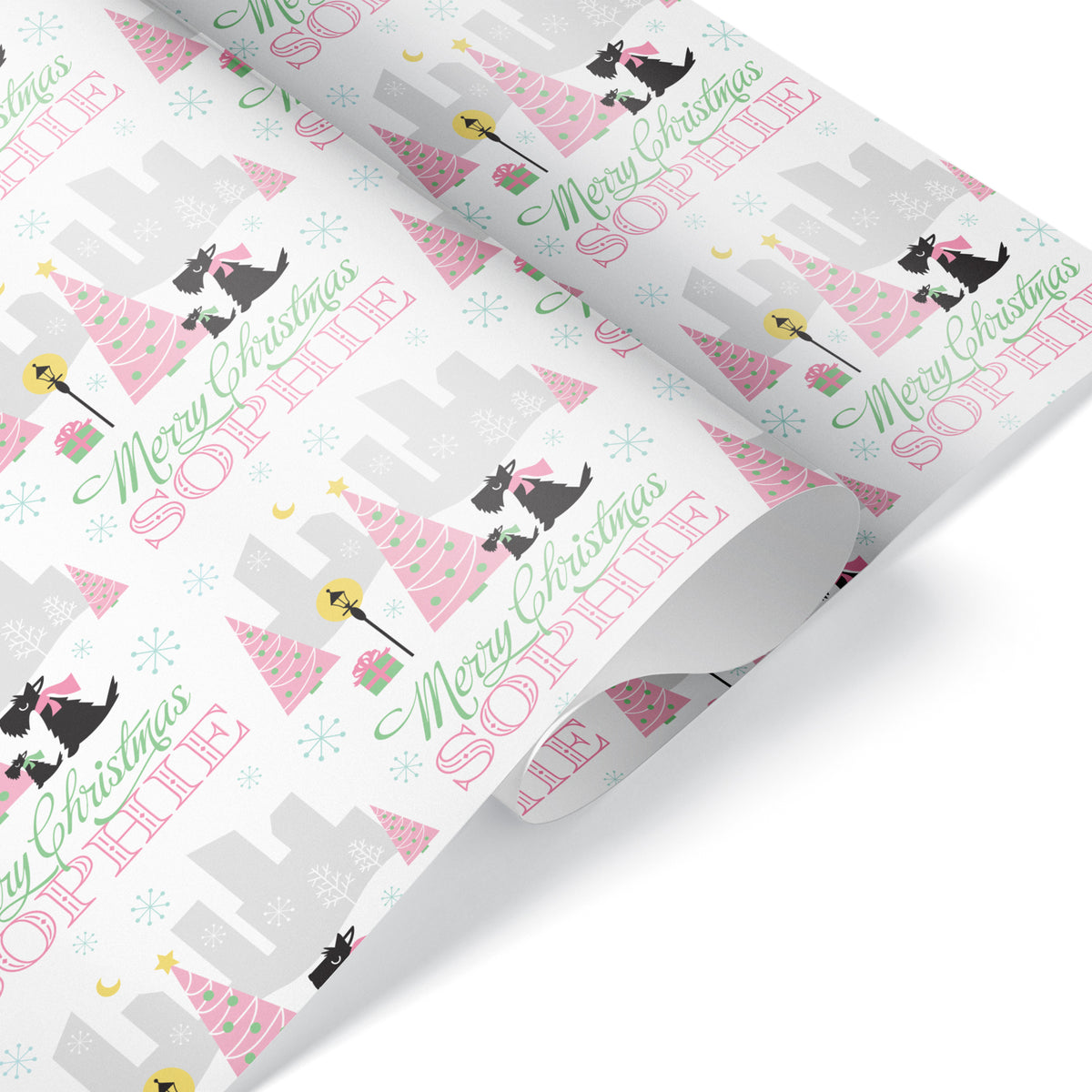 Scotties in the City Christmas Personalized Wrapping Paper - PINK