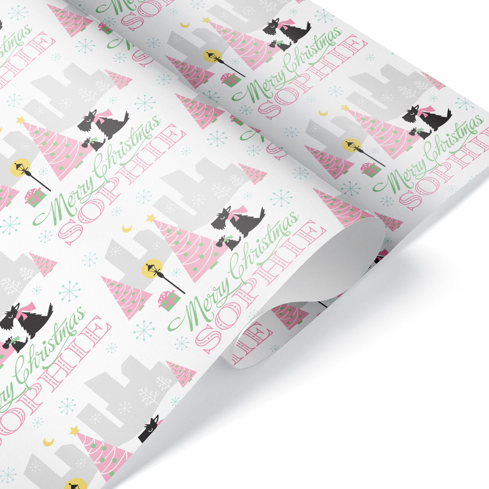Dog Wrapping Paper - Scotties in the City Christmas (Personalized, Pink) - Graphic Spaces