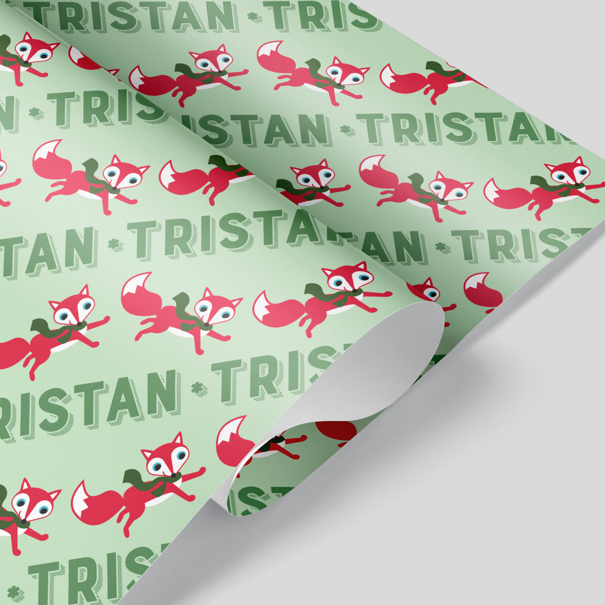Fox Christmas Name Wrapping Paper - GREEN