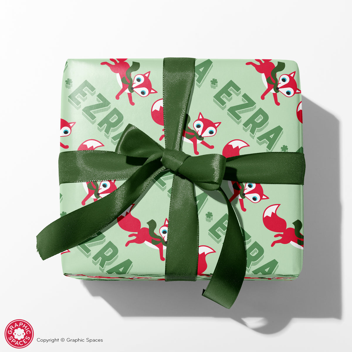 Fox Christmas Name Wrapping Paper - GREEN