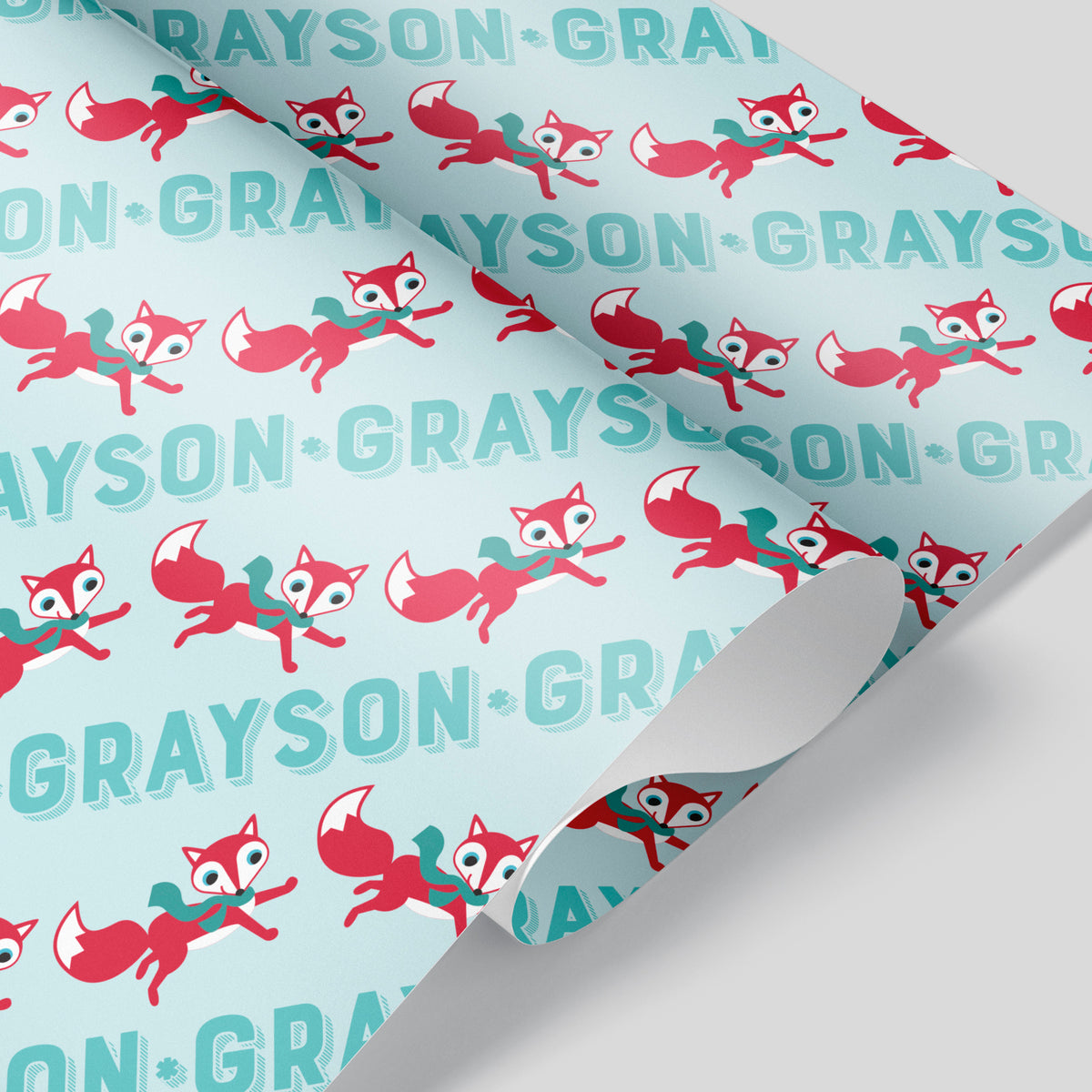 Fox Christmas Name Wrapping Paper - BLUE