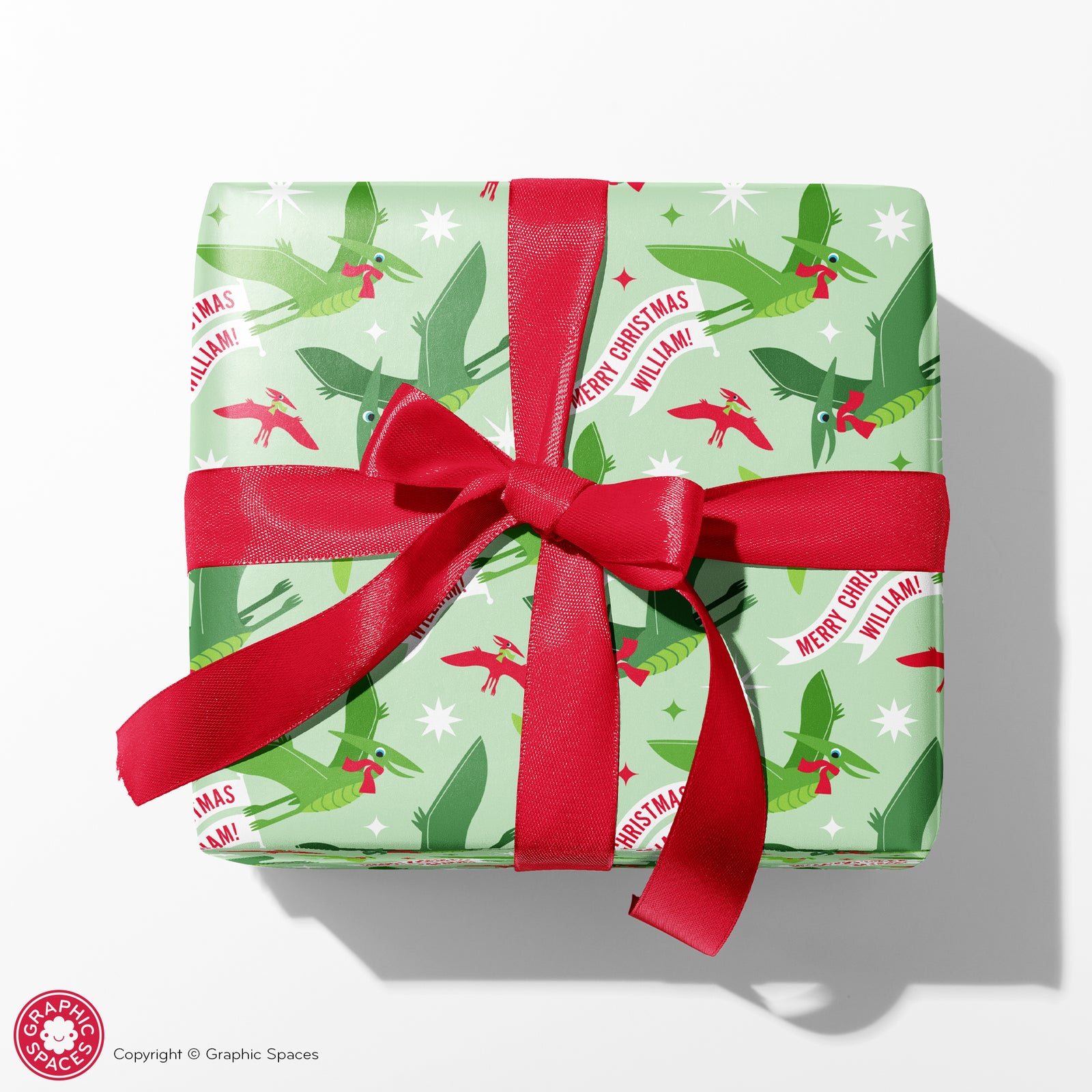Kids Wrapping Paper - Pterodactyl Dino Christmas (Personalized, Green) - Graphic Spaces