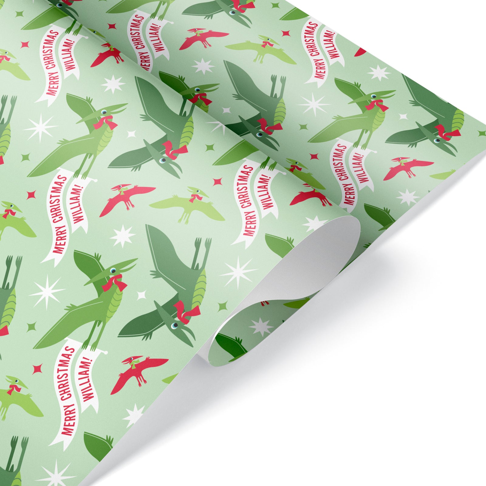 Kids Wrapping Paper - Pterodactyl Dino Christmas (Personalized, Green) - Graphic Spaces
