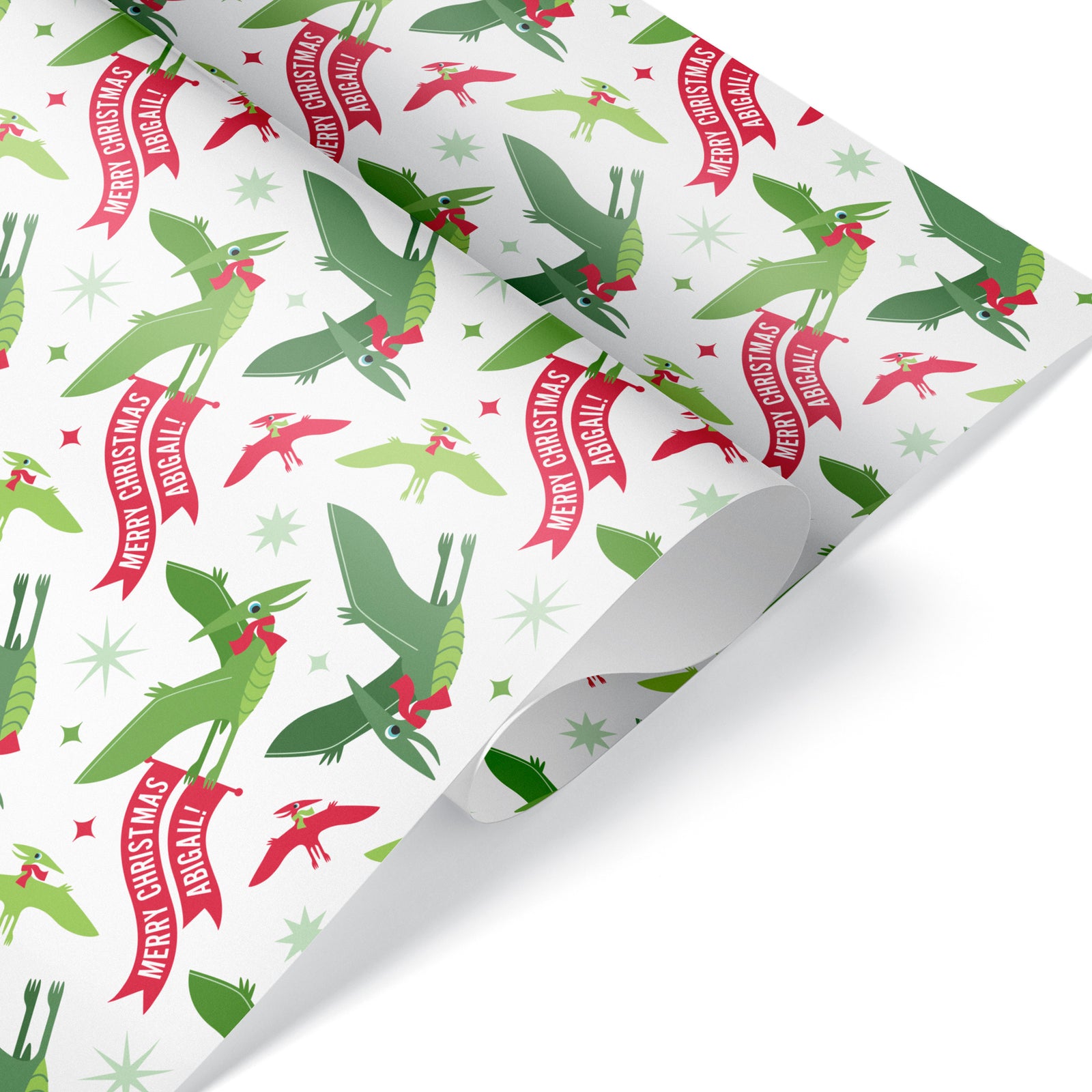 Kids Wrapping Paper - Pterodactyl Dino Christmas (Personalized, White) - Graphic Spaces
