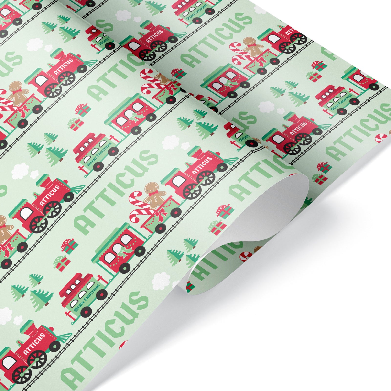 Kids Wrapping Paper - Christmas Train (Personalized, Green) - Graphic Spaces