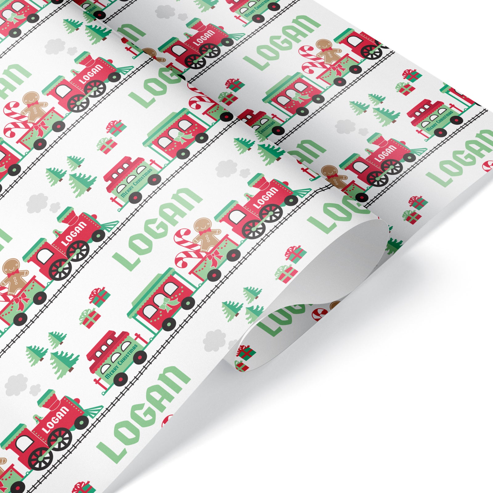 Kids Wrapping Paper - Christmas Train (Personalized, White) - Graphic Spaces