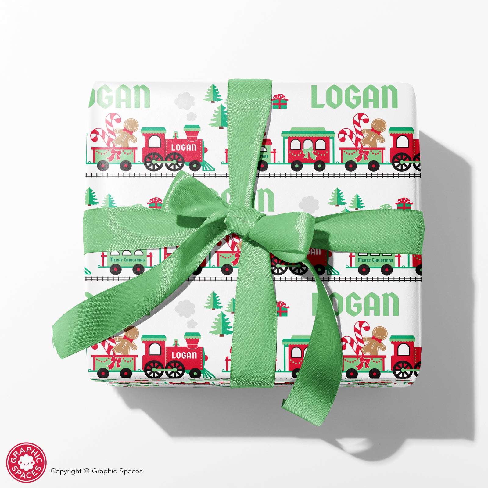 Kids Wrapping Paper - Christmas Train (Personalized, White) - Graphic Spaces