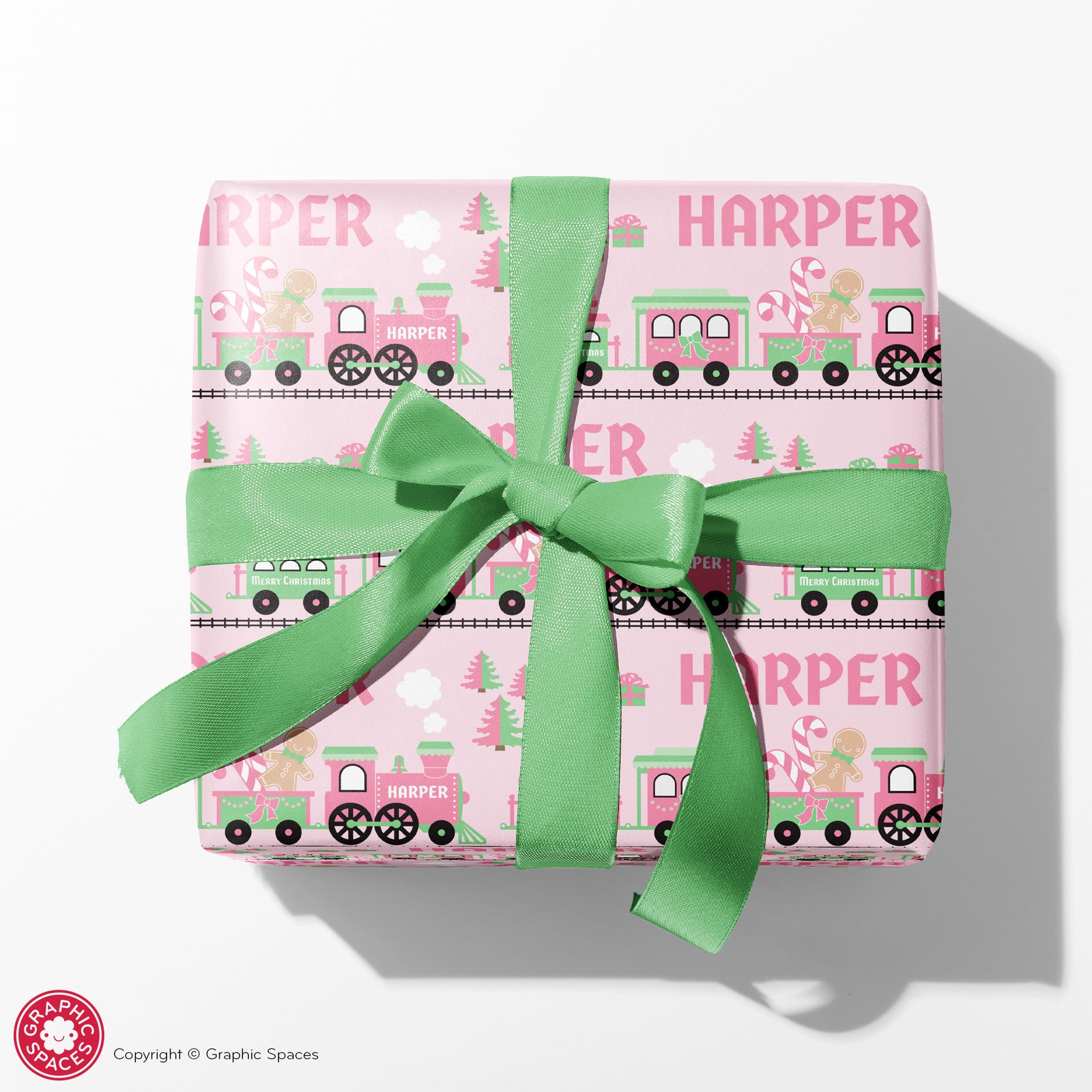 Kids Wrapping Paper - Christmas Train (Personalized, Pink) - Graphic Spaces