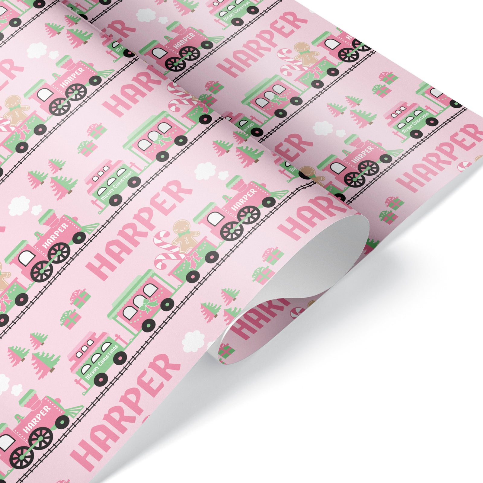 Kids Wrapping Paper - Christmas Train (Personalized, Pink) - Graphic Spaces