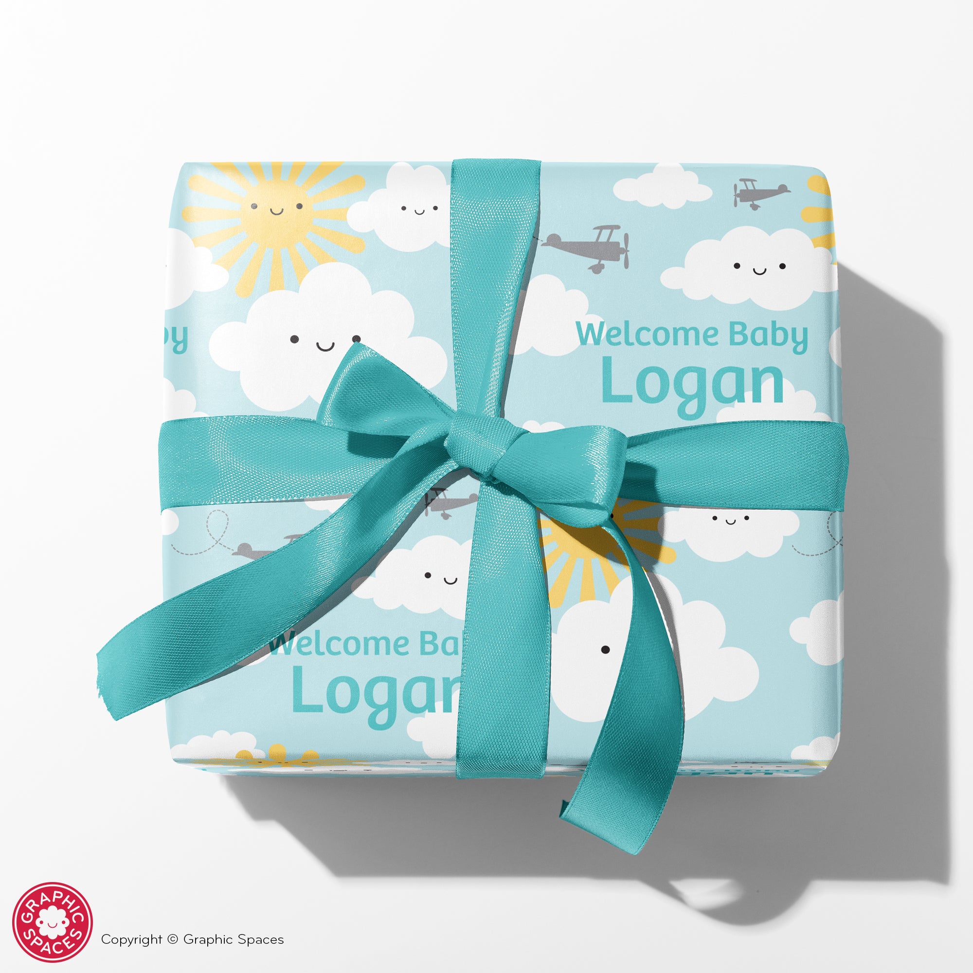 Happy Clouds Personalized Baby Shower Wrapping Paper - BLUE