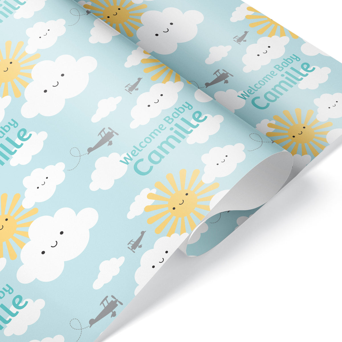 Happy Clouds Personalized Baby Shower Wrapping Paper - BLUE