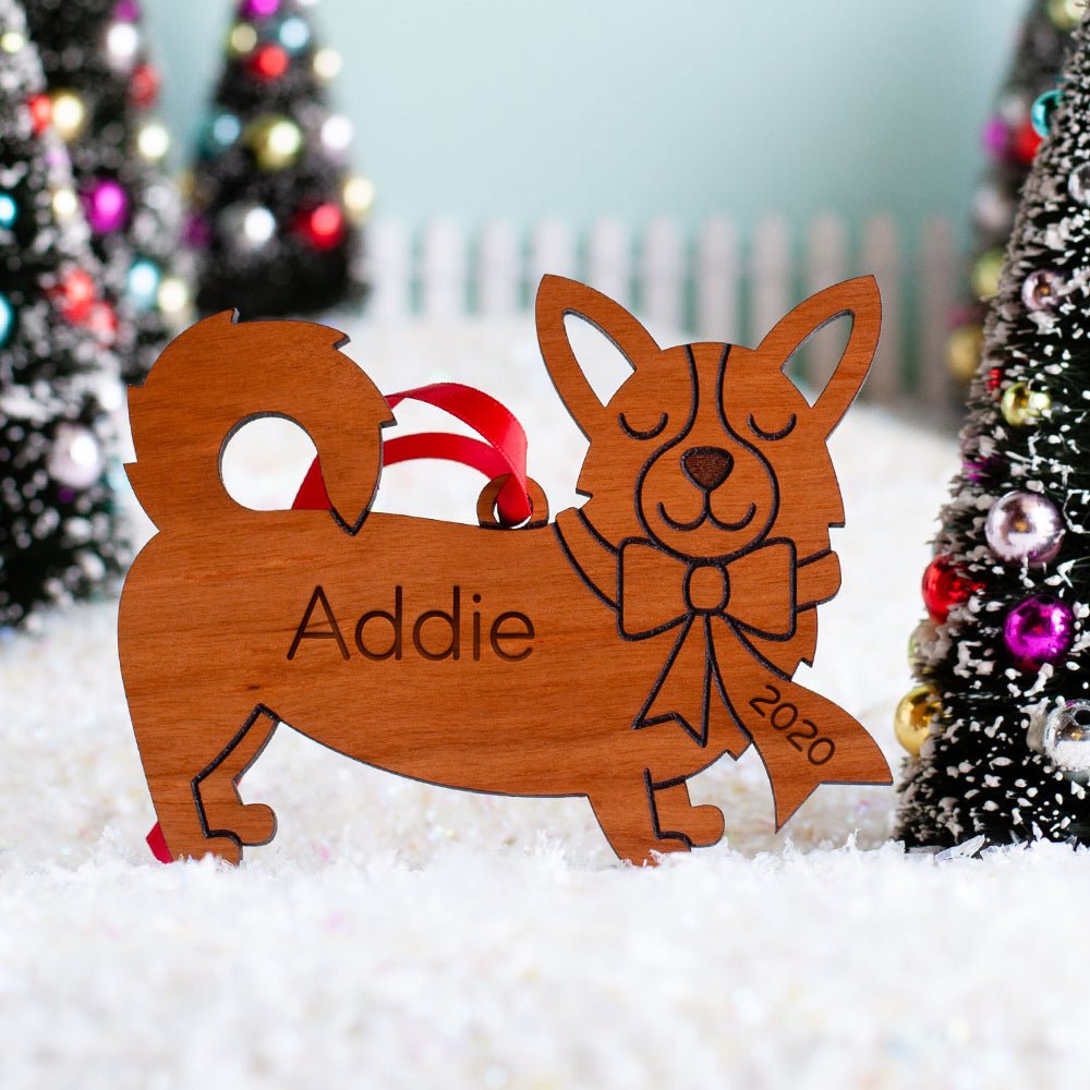 Dog Christmas Ornament - Pembroke Welsh Corgis (Personalized, Wood) - Dark Cherry - Graphic Spaces
