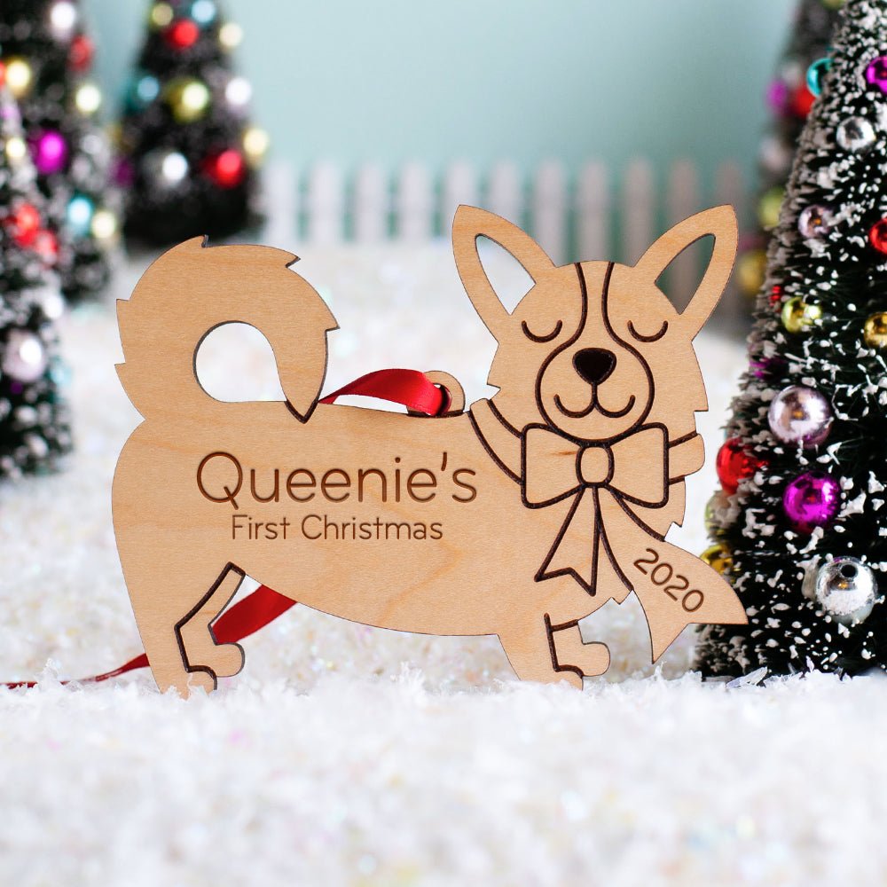 Dog Christmas Ornament - Pembroke Welsh Corgis (Personalized, Wood) - Dark Cherry - Graphic Spaces