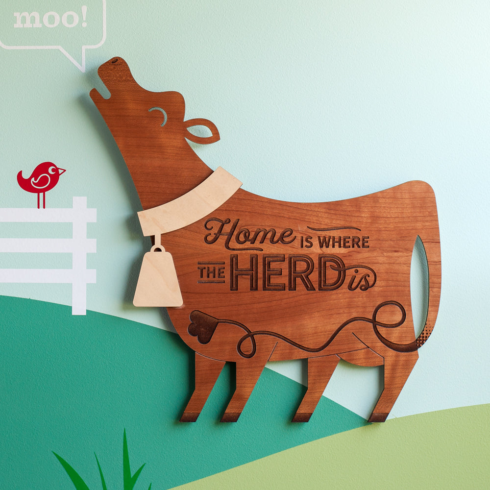 Cow Wooden Wall Sign &quot;Home is where the herd is&quot;