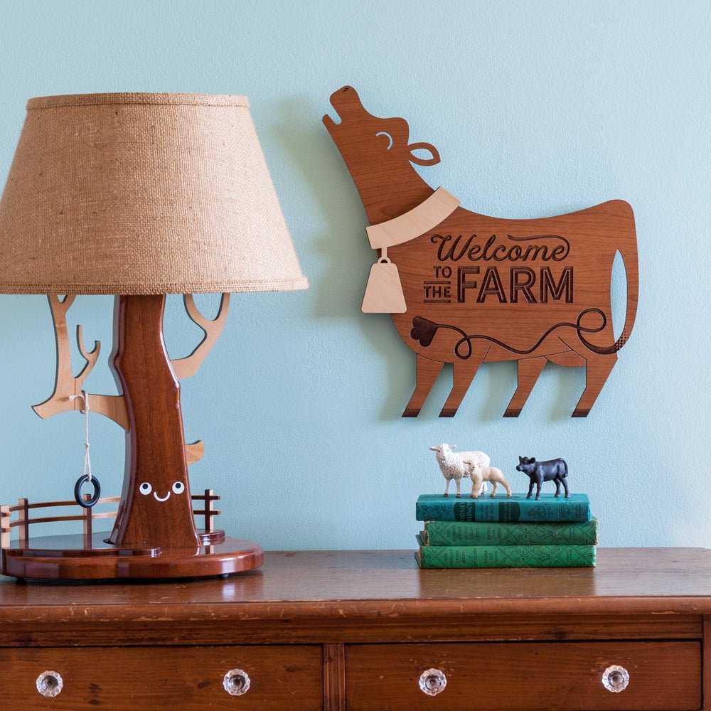 Wall Art - Welcome to the Farm Cow (Wood) Cherry and Maple - Graphic Spaces