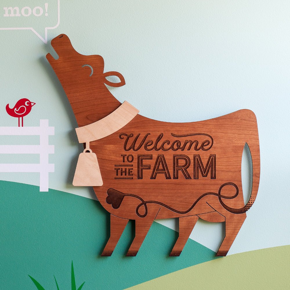 Wall Art - Welcome to the Farm Cow (Wood) Cherry and Maple - Graphic Spaces