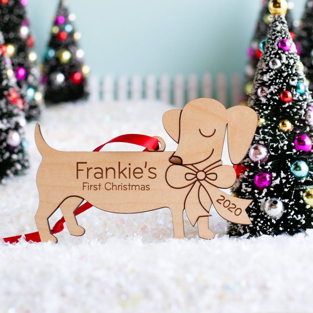 Dog Christmas Ornament - Dachshund (Personalized, Wood) - Dark Cherry - Graphic Spaces