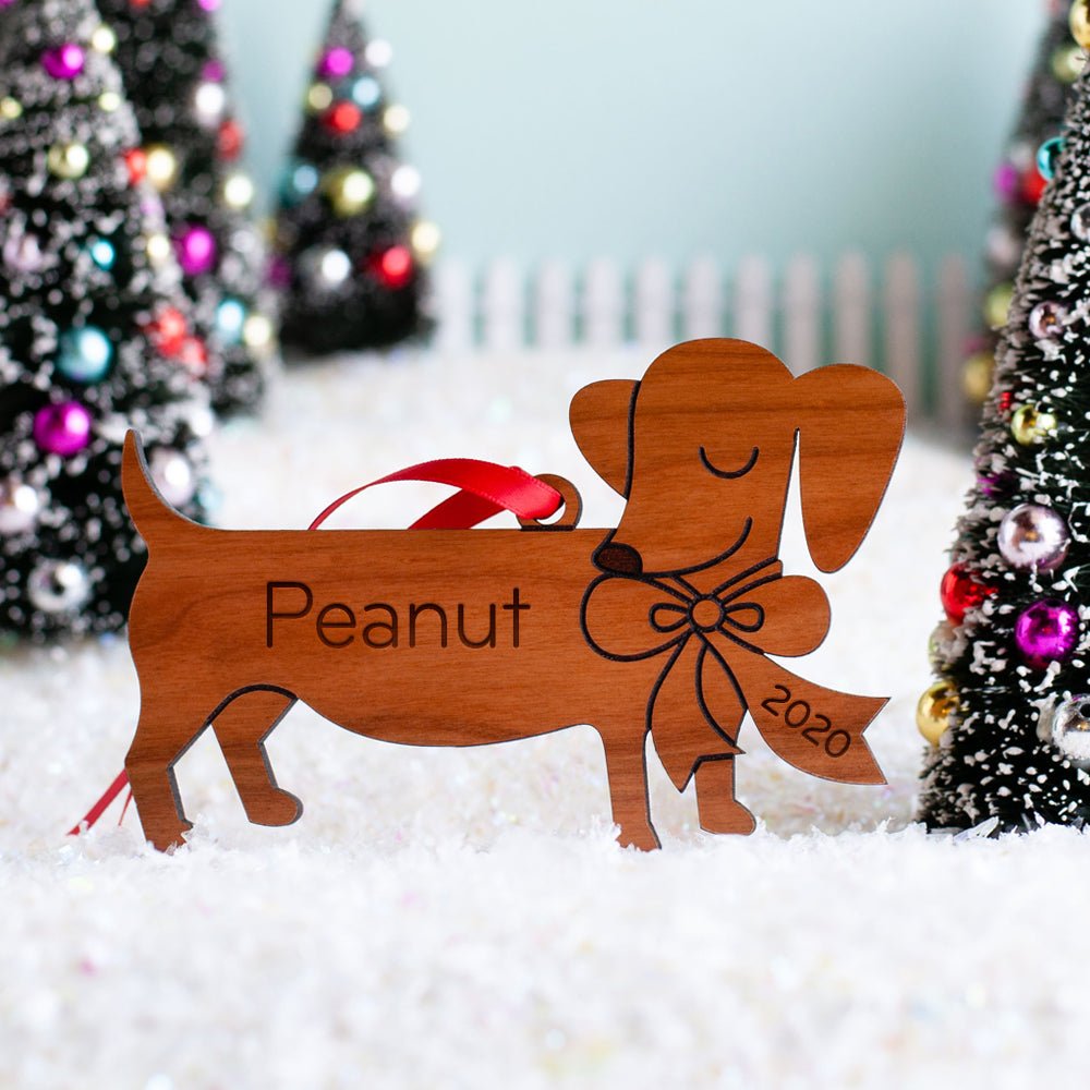 Dog Christmas Ornament - Dachshund (Personalized, Wood) - Dark Cherry - Graphic Spaces